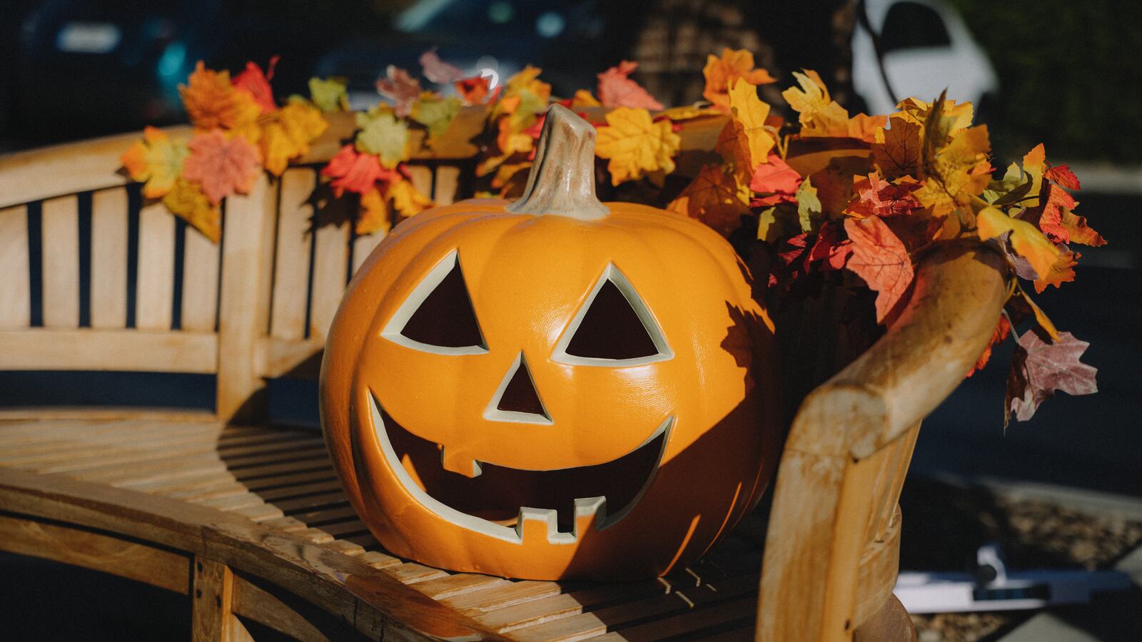 A carved pumpkin and autumn leaves at camping La Capricieuse during the October half-term holidays