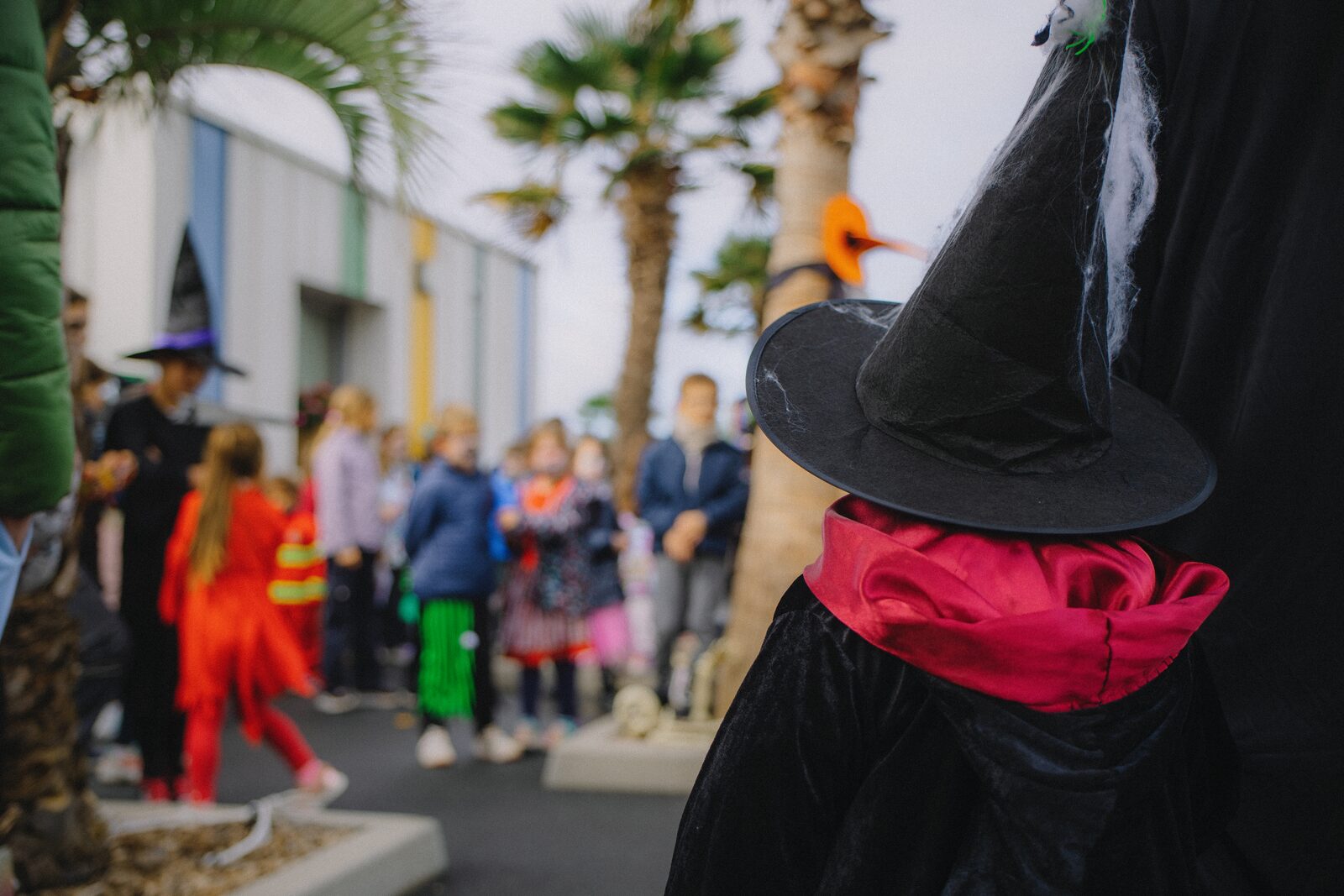 A witch's hat in the foreground and a group of children in costume