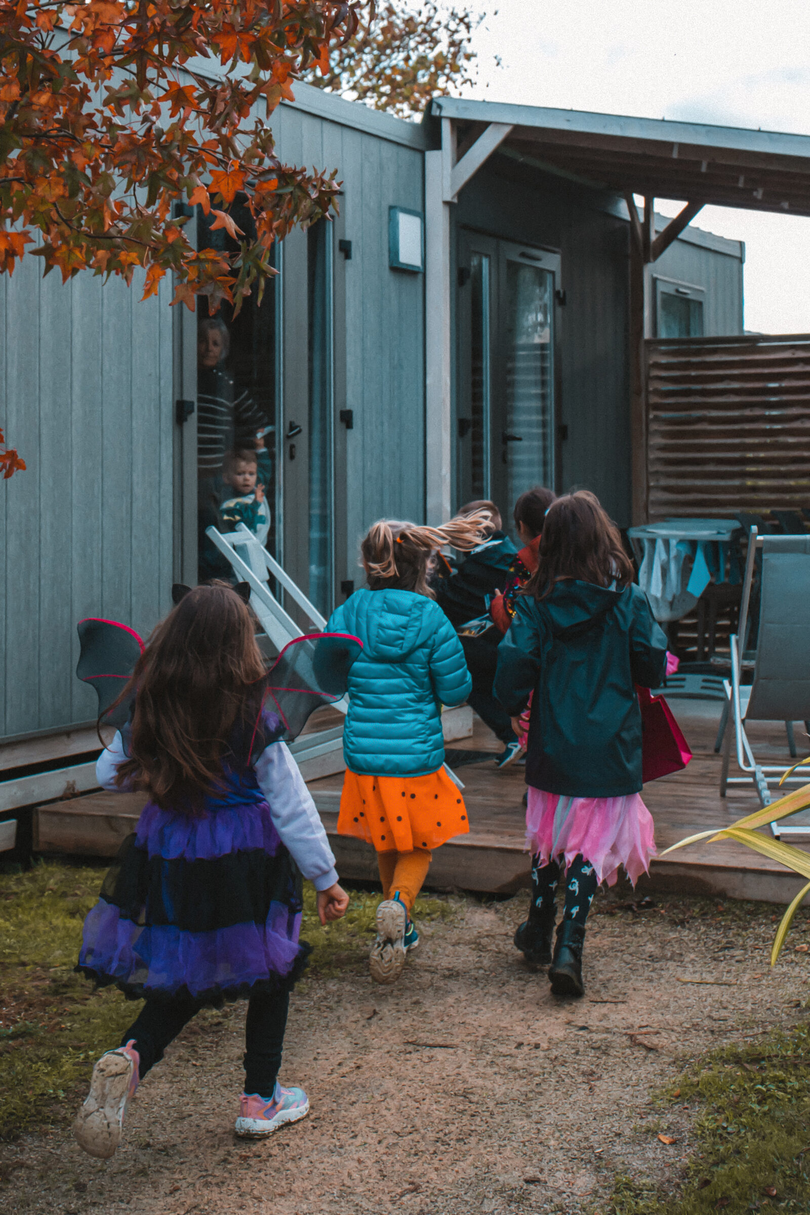 Children in costume going from cottage to cottage while trick-or-treating