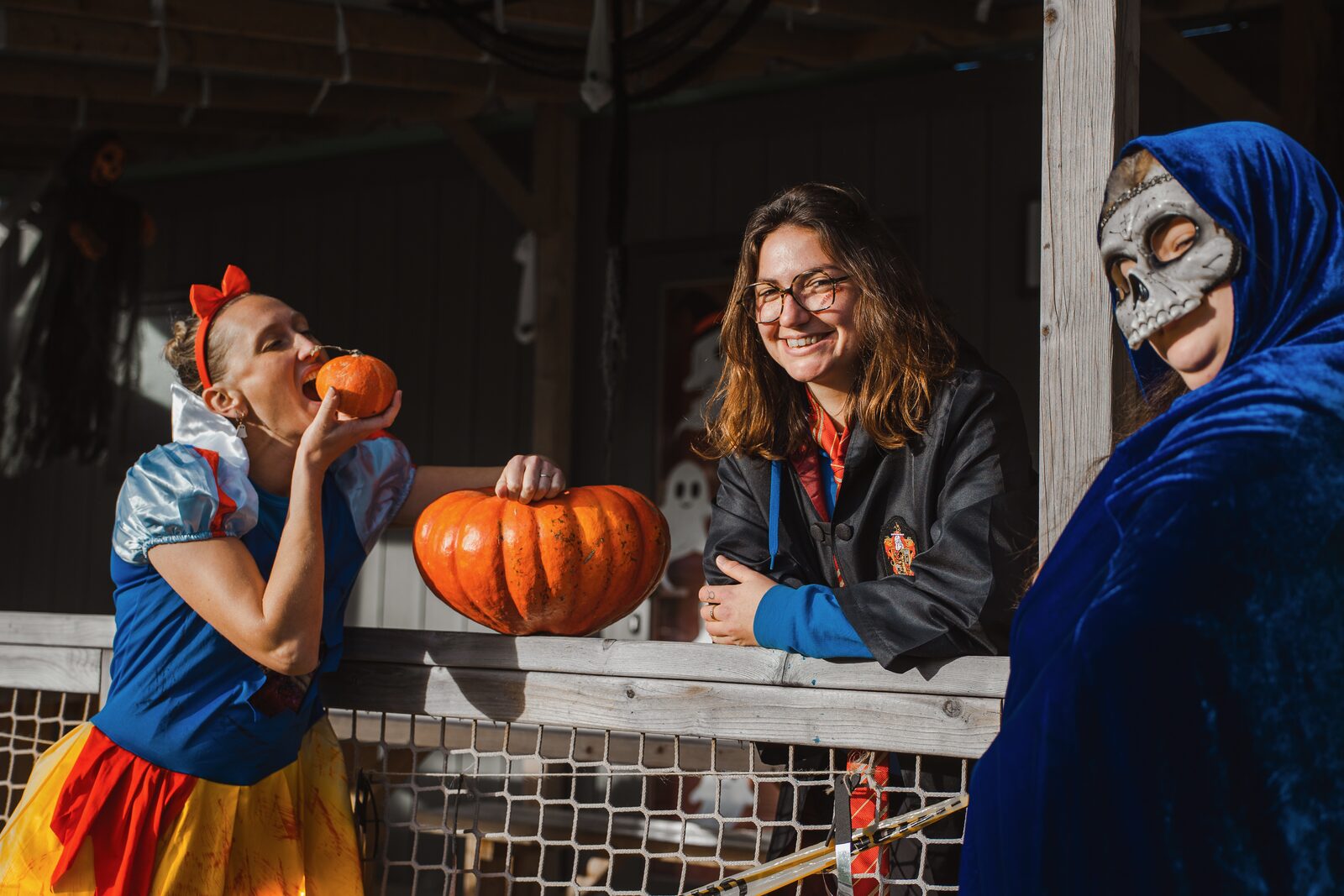 Costumed activity leaders and pumpkins during Halloween week at camping La Capricieuse