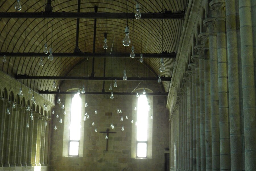 The monks' refectory at Mont-Saint-Michel and its tall windows
