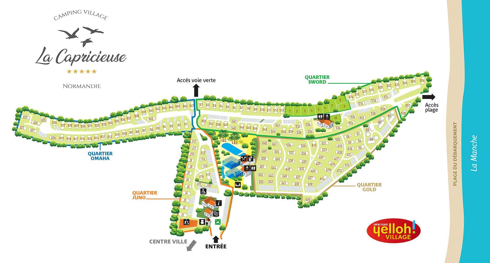 Plan du camping La Capricieuse : quartiers Omaha, Juno, Sword et Gold, espace aquatique au centre et accès direct à la plage du Débarquement
